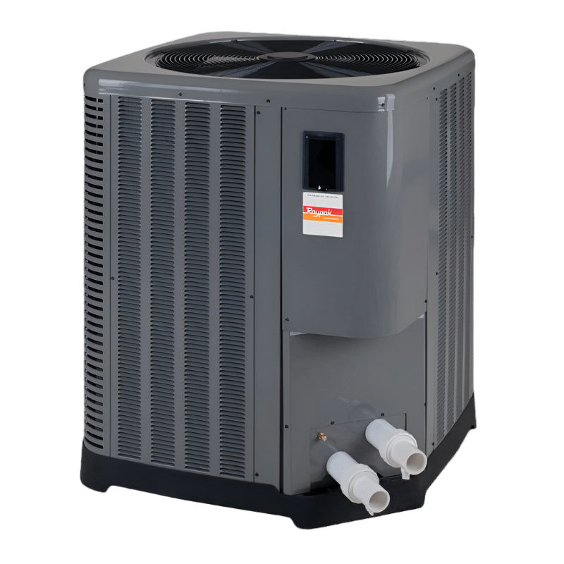 The Raypak Digital Pool Heat Pump 119,000 BTU 240V (016015) features precision temperature control with a fan on top and two pipes at the bottom front. Its gray DuraSteel Powder-Coated Cabinet enhances its sleek design, durability, and efficiency.