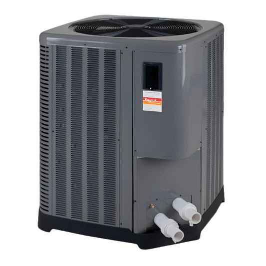 The Raypak Digital Pool Heat Pump 119,000 BTU 240V (016015) features precision temperature control with a fan on top and two pipes at the bottom front. Its gray DuraSteel Powder-Coated Cabinet enhances its sleek design, durability, and efficiency.