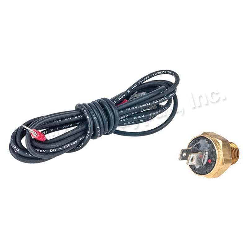The Raypak 135 Degree Auto Reset High Limit Switch (600892B) is shown beside a coiled black electrical wire with exposed ends. This brass temperature sensor features two metal terminals.