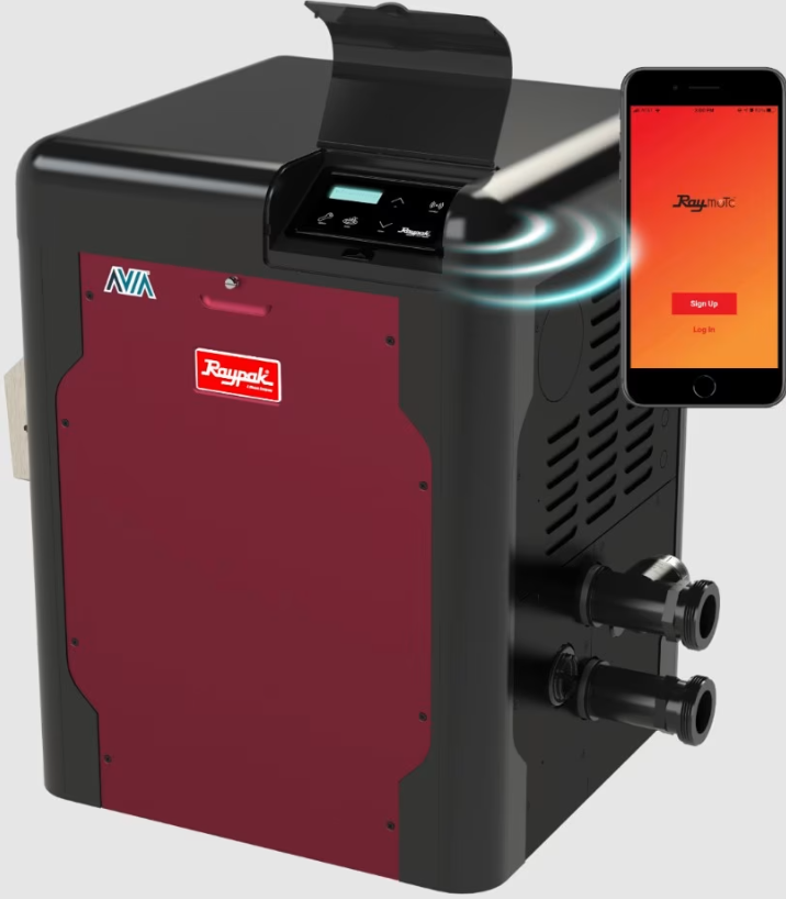 A Raypak Avia Natural Gas Heater 400K BTU NiTek Heat Exchanger (018045) in red and black is shown beside a smartphone with the Raymote app, showcasing its Wi-Fi-enabled smart control features.