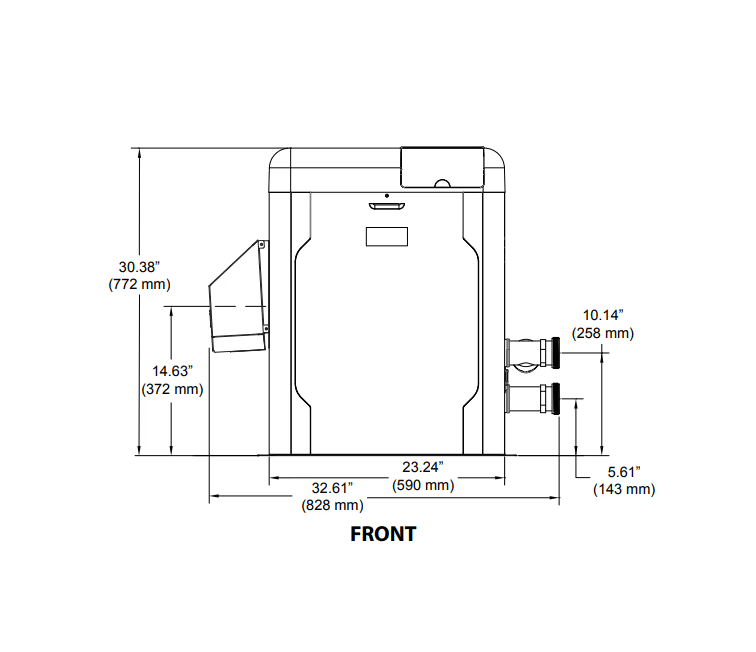Front view engineering diagram of a rectangular Raypak Avia Natural Gas Heater 400K BTU with NiTek Heat Exchanger, dimensions labeled in inches and millimeters, showcasing compatibility with smart device control via the Raymote app.