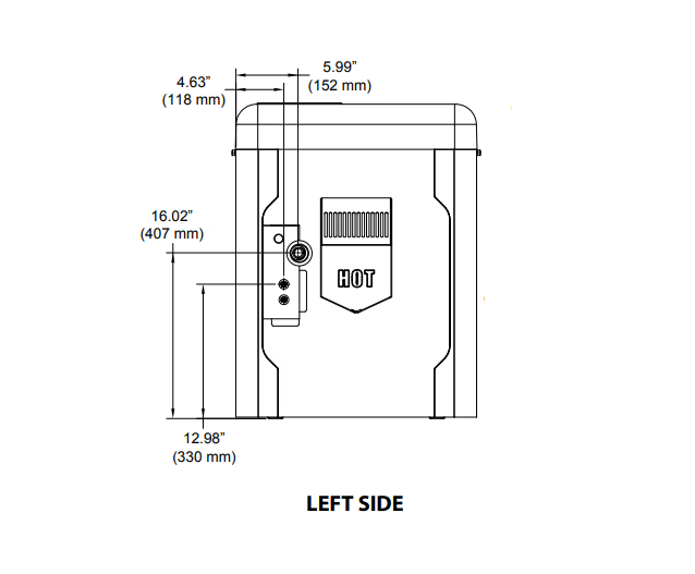 Technical diagram of the Raypak Avia Natural Gas Heater 400K BTU, showing left side dimensions: 16.02" height, 12.98" width, depth of 5.99" at top and 4.63" at bottom, labeled "HOT". Includes a vent above for smart control via Raymote app.