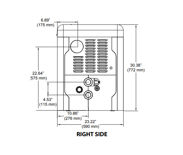 Technical drawing of the right side view of the Raypak Avia Natural Gas Heater 400K BTU with NiTek Heat Exchanger (Model 018045), showing vents, connectors, dimensions in inches and millimeters. This Wi-Fi-enabled smart device is Raymote app compatible for seamless control.