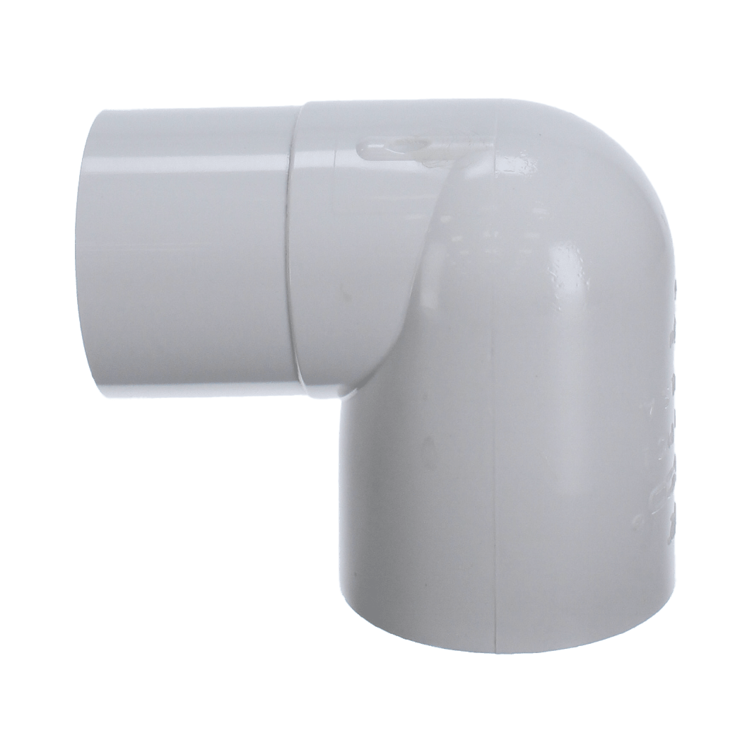 A Spears Sch. 40 PVC 90 Degree Street Elbow by PVCFittings, with a 1-1/2" Spigot x Slip design, is displayed isolated on a plain background.
