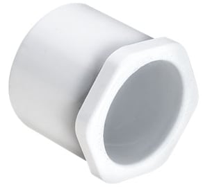 Side view of the PVCFittings Sch. 40 PVC Bushing, a white hexagonal plastic pipe fitting adapter (2" x 1-1/2", Spigot x Slip) for Schedule 40. Model: 437-251.