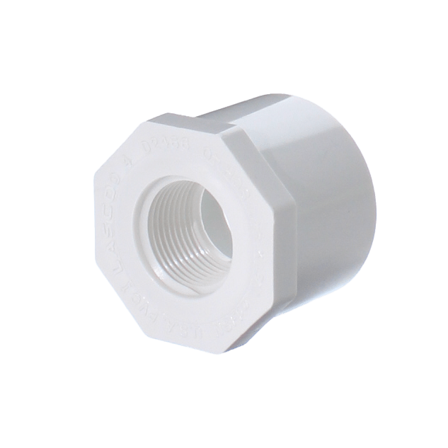 PVCFittings Sch. 40 PVC Bushing 1-1/2 in. x 3/4 in., featuring a spigot and reducing FPT, with threaded interior and hexagonal exterior.