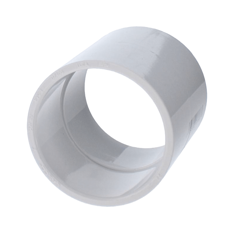 The Spears Sch. 40 PVC Coupling 2" Slip | 429-020 by PVCFittings is a white cylindrical pipe fitting with smooth surfaces, open ends, and a slightly reflective finish.