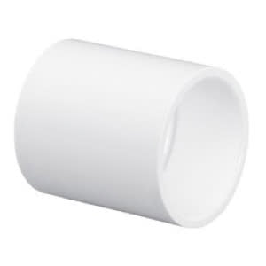A white cylindrical PVC fitting, the PVCFittings Sch. 40 PVC Coupling 2-1/2 in. Slip | 429-025, is positioned against a plain background.