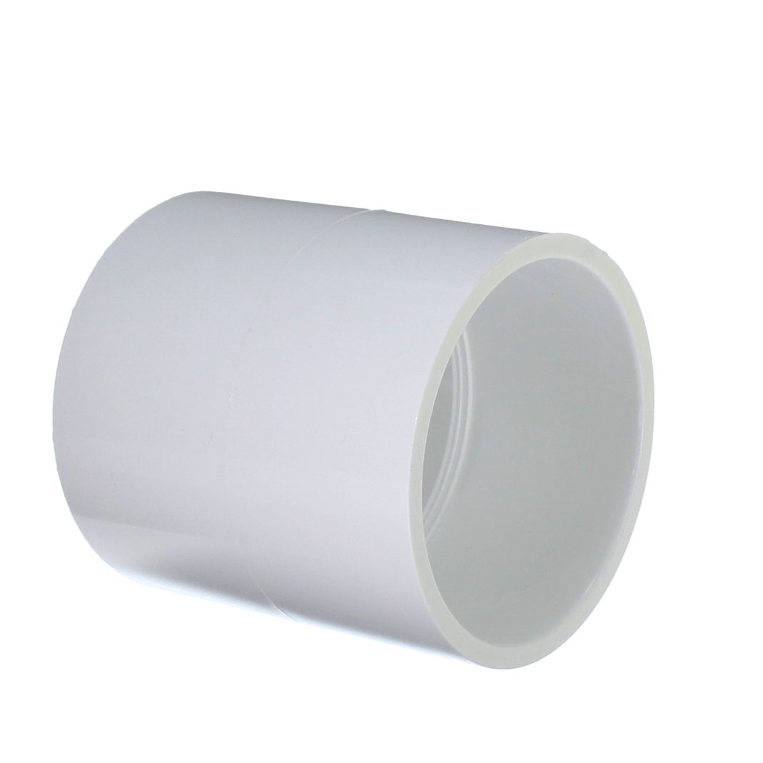 White Spears Sch. 40 PVC Coupling 3" Slip by PVCFittings, cylindrical connector on transparent background, crafted from durable Schedule 40 PVC.