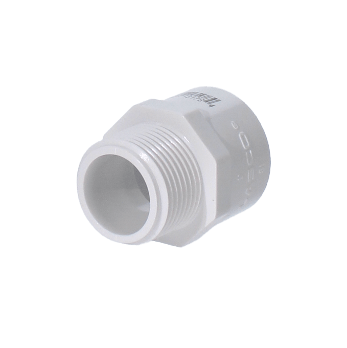 A white PVCFittings Sch. 40 Adapter, 1" MPT x Slip with a hexagonal base, is shown against a plain background.