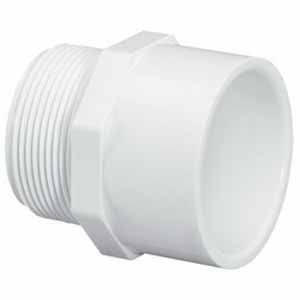 The Spears Sch. 40 PVC Adapter 2" Slip x MPT (436-020) by PVCFittings is a durable white plastic male adapter with a hexagonal section, designed for seamless connection with pipe threads, ensuring reliable performance in diverse plumbing applications.