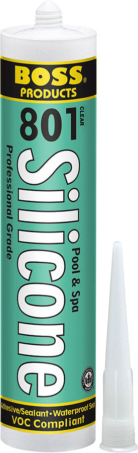 A tube of American Granby Boss Silicone Adhesive Grout 80100, neutral clear, 10.3 oz, is perfect for pool and spa use with a nozzle for application, ensuring a watertight finish.