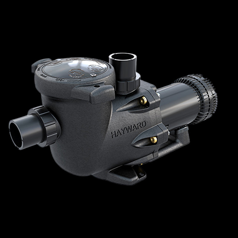 A black Pool Goods PUMP-2.25 HP TRISTAR XE (0610377449014) pool pump features an attached clear lid, visible 2.25 HP label, inlet and outlet ports, and the brand name displayed on the side.
