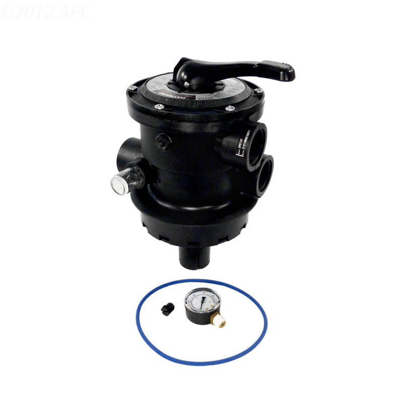 The Hayward Vari-Flo Top Mount Multiport Valve (SP0714T) by HAYWARD, featuring a handle, gauge, and O-ring gasket on a white background, is ideal for backwash valves in sand and DE filters.