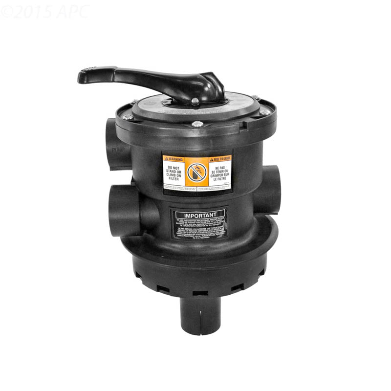 The Hayward Vari-Flo Top Mount Multiport Valve (SP0714T) by HAYWARD is black, featuring a handle and labeled instructions. It controls water flow in pool or spa systems, integrates with sand filters, and serves as backwash valves for efficient operation and maintenance.