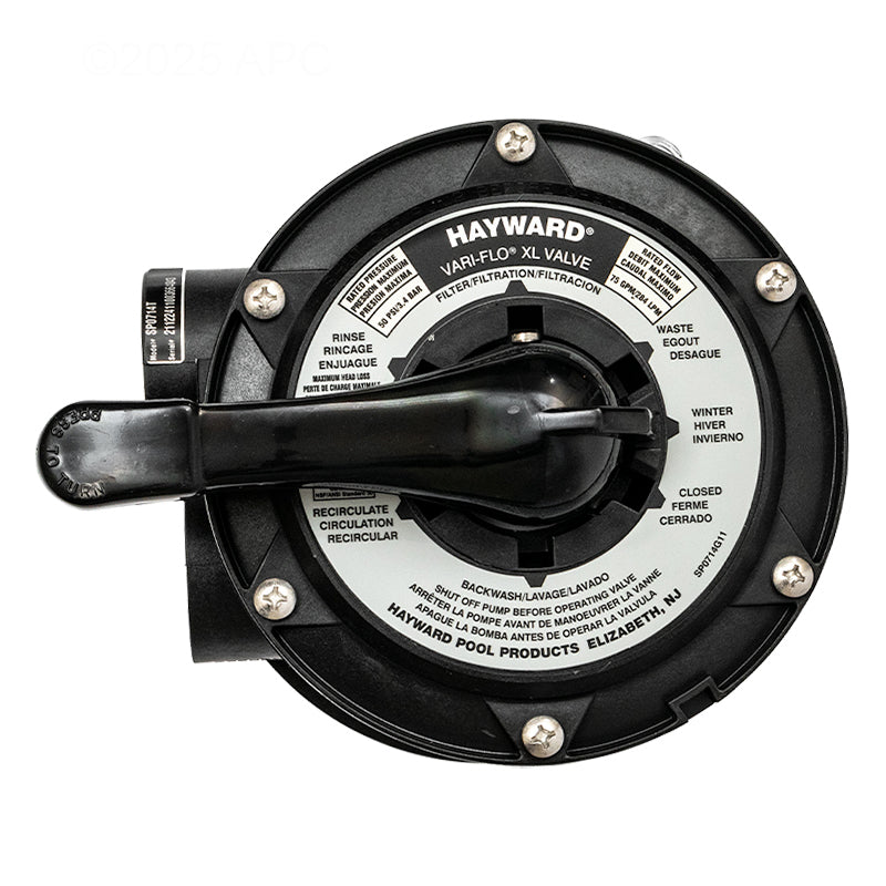 Top view of the HAYWARD Vari-Flo Top Mount Multiport Valve (SP0714T) for pool sand filters, featuring an easy-turn handle and clearly labeled settings: rinse, waste, winter, closed, recirculate, backwash, and filter.