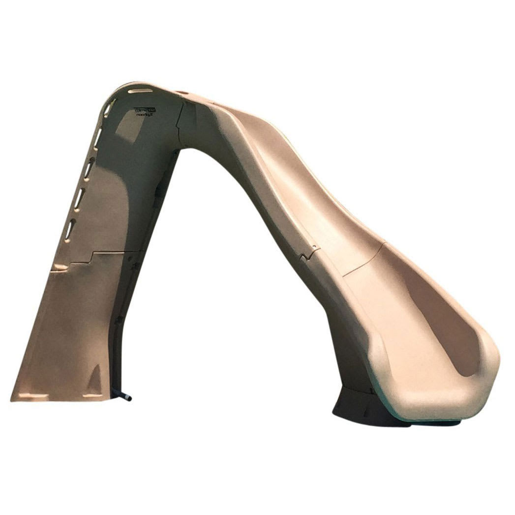 The SR Smith Typhoon Pool Slide, Right Turn, Sandstone (670-209-58123), is a standalone slide with a curved design and an enclosed ladder on the left side, ensuring CPSC compliance.
