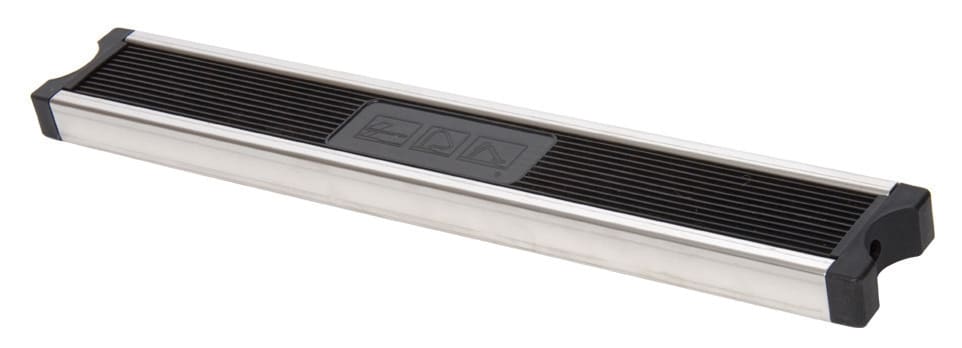 The SR Smith 20" Elite Stainless Steel Ladder Tread, No Hardware features a black ribbed surface with silver edges and symbols in the center, reminiscent of step kits.