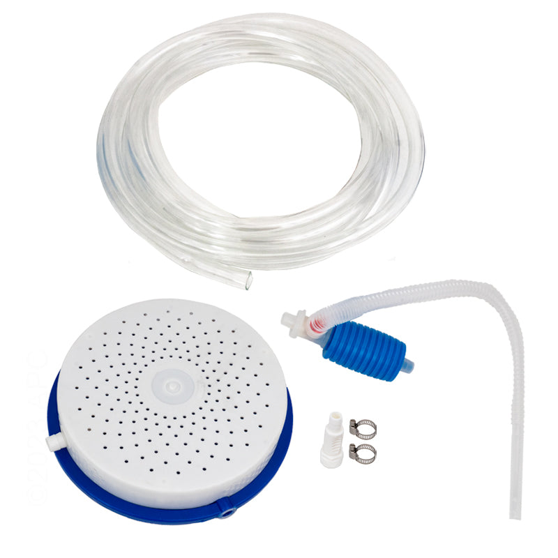 The Swimline Non-Electric Siphon Cover Pump | 5436 by Swimline includes a coiled clear hose, blue and white hand pump, round perforated filter, hose clamps, and fittings—perfect for eco-friendly pool cover water removal. All parts are displayed on a white background.