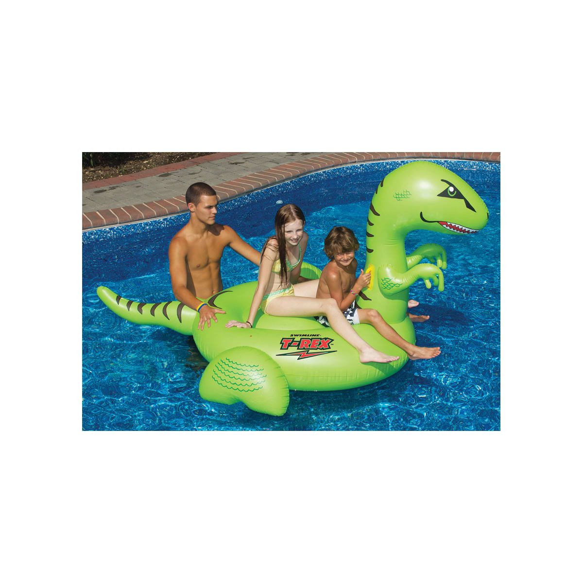 Three kids enjoy the pool on the Swimline Giant Ride-On T-Rex Pool Float (90624), a large green dinosaur float from Swimline.