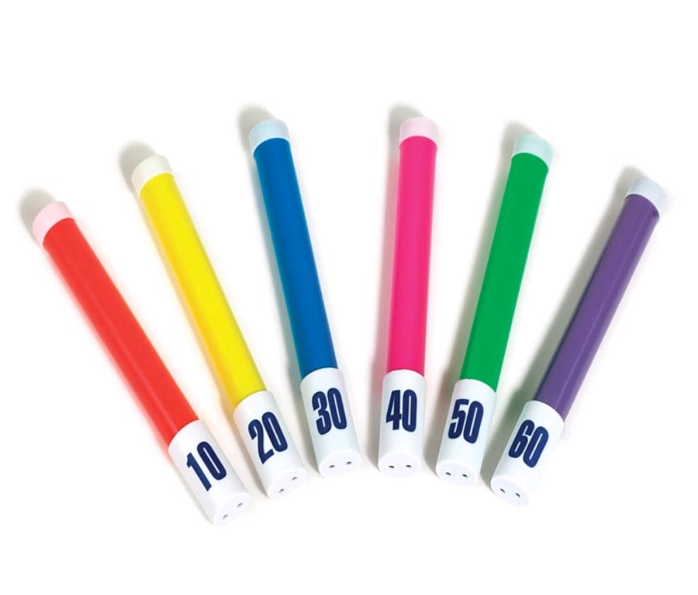 The Swimline Flex-Sticks Dive Game | 9130 features a vibrant set of six colored plastic tubes, numbered 10 to 60 from left to right, arranged on a white background, evoking the fun of a pool diving game.
