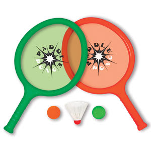The Swimline Paddle Pong Pool Game by Swimline (9150) features green and orange rackets, an orange ball, a green ball, and a white shuttlecock displayed in front.