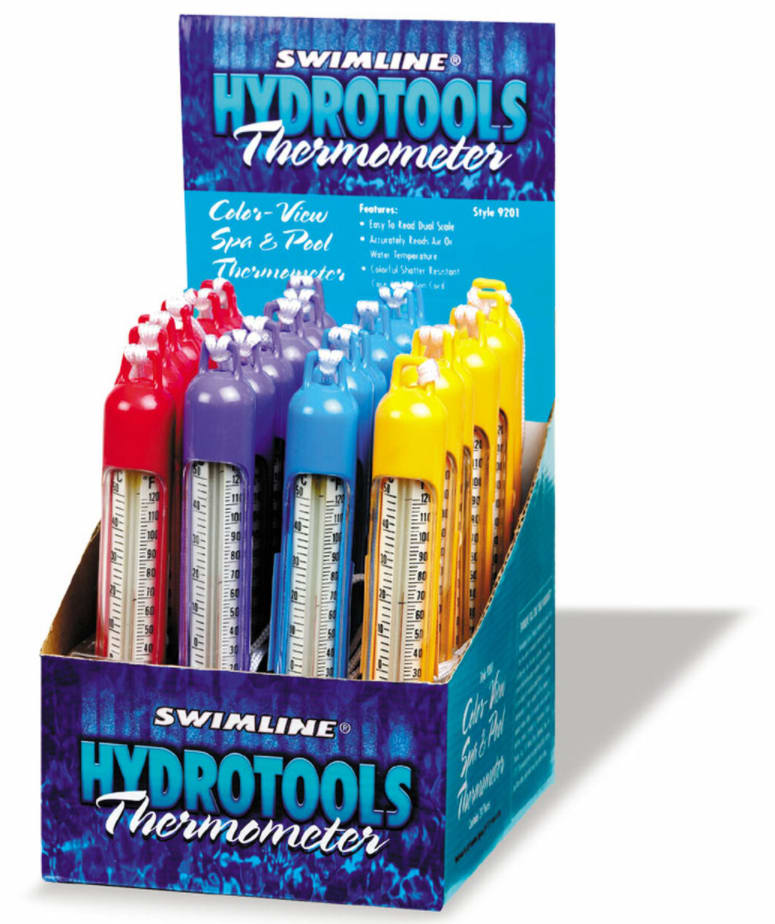 Box of Swimline Color View Tube Thermometers (9201) available in red, purple, blue, and yellow.