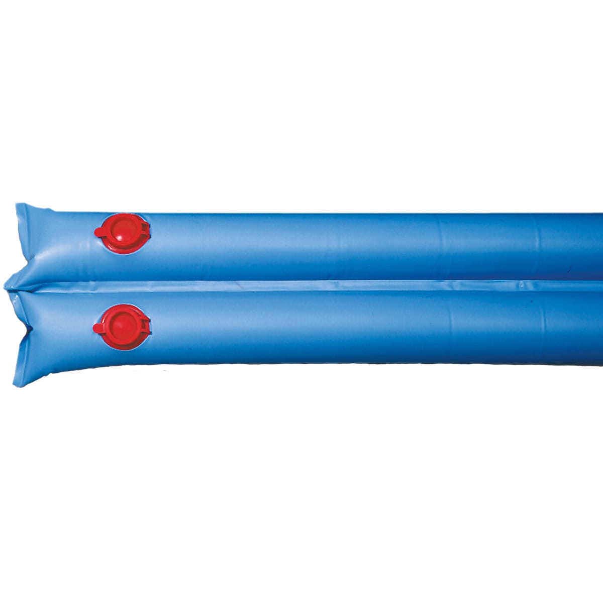Two Swimline 1' x 10' blue heavy duty water tubes with red caps, placed side by side, designed as pool cover weights.