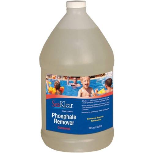 The SeaKlear Phosphate Remover, 1 gal Bottle (90336SKR) by SeaKlear, is ideal for commercial pools and features a label with children swimming.