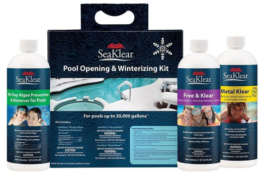 SeaKlear Opening & Winterizing Kit by SeaKlear features 90-Day Algae Prevention, Free & Klear, and Metal Klear—all chlorine compatible—displayed in front of a snowy pool scene.