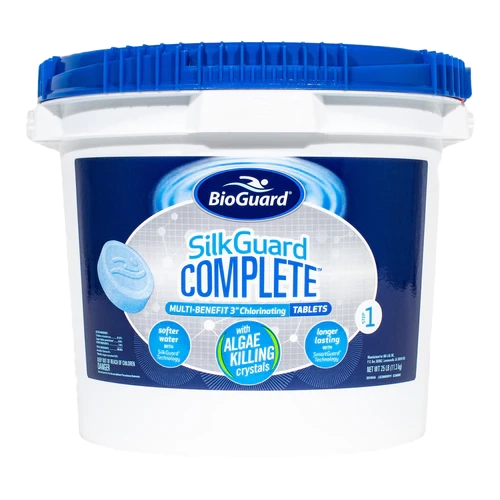 A white plastic container with a blue lid labeled "BioGuard SilkGuard Complete® 3" Chlorinating Tablets, 25LBS | 52366BIO" from BioGuard, ideal for pool maintenance.