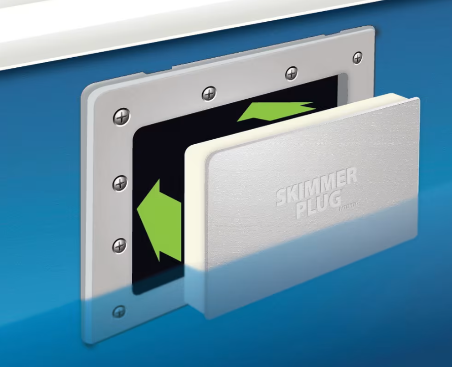 Illustration of the Pool Goods SimPoolTec Standard I/G Skimmer Plug for SP1084 (IGSD-H), with green arrows showing how to insert or remove the plug to winterize your rectangular pool skimmer.