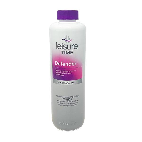 A 32 oz bottle of Leisure Time Spa Defender by Leisure Time, featuring a purple cap and pink label, is designed for effective scale prevention in spas and hot tubs.