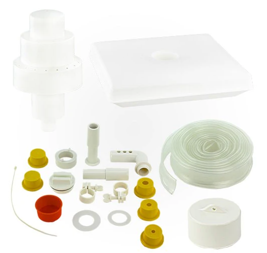 The Swimline 12" Grecian Triple Tier Pool Fountain (8597) by Swimline includes white/yellow plastic parts, a clear tube, and a white container—ideal for assembling an adjustable fountain for your above-ground pool.