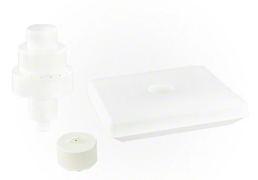 Three white plastic parts for the Swimline 12" Grecian Triple Tier Pool Fountain (8597) by Swimline—including a stackable cylindrical filter, rectangular container, and small round cap—are shown on a white background.