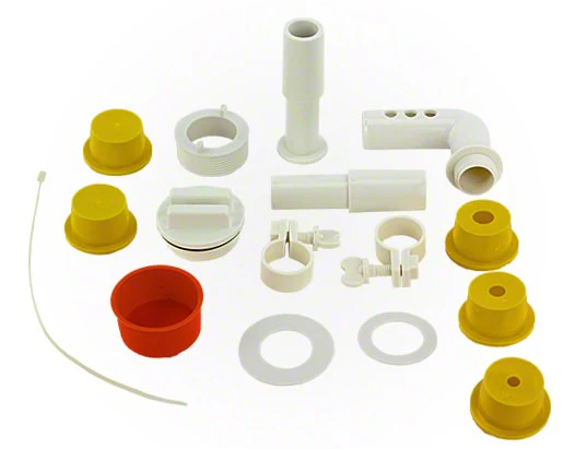 Assorted white and yellow Swimline plastic plumbing parts—including connectors, clips, caps, washers, and a zip tie—for the Swimline 12" Grecian Triple Tier Pool Fountain (8597), arranged on a white background.