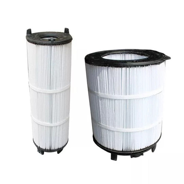 Two Pentair Sta-Rite Mod Media Replacement Cartridge Sets (170145) for S7M120, featuring pleated white material and black end caps, stand upright against a plain background.