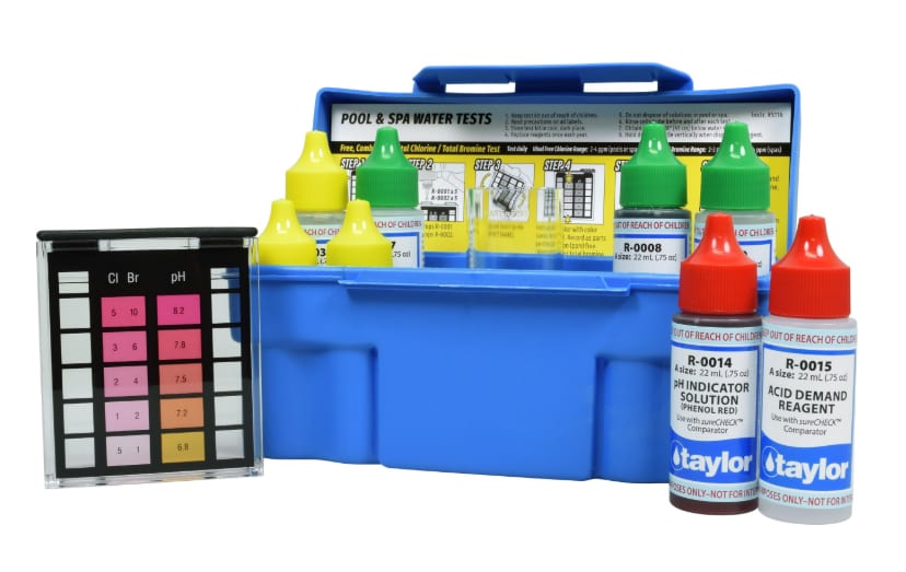 The Taylor 6-Way Trouble-Shooter DPD Test Kit | K-1004-6 by Taylor features colorful bottles and a pH color chart in a blue case. It uses the DPD method for precise sanitizer residuals measurements, ensuring optimal pool and spa water quality.