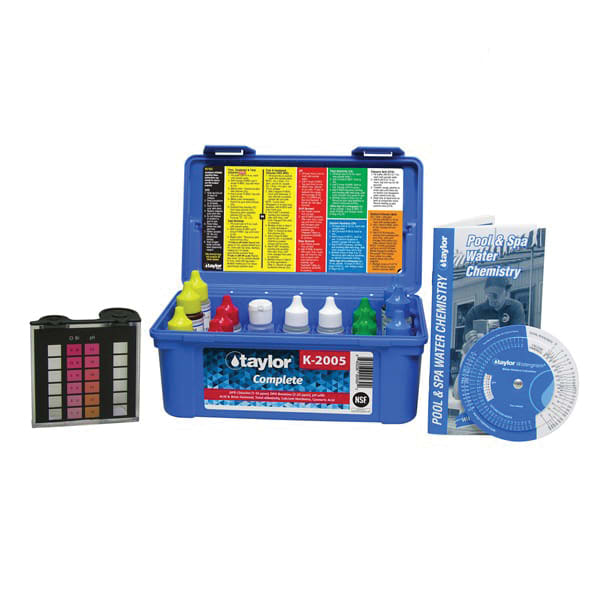 The Taylor Complete High-DPD Professional Test Kit | K-2005-6 includes a pool and spa water analysis set, high-range chemical bottles, pH color chart, instruction manual, and circular guide all in a blue case.
