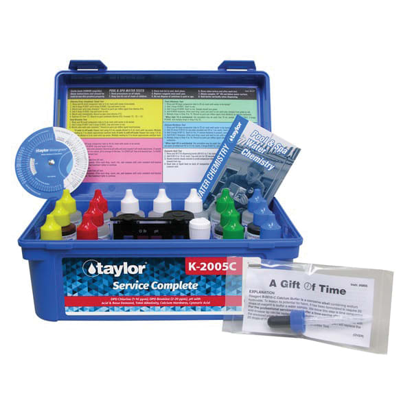 The Taylor Service Complete Test Kit, Model K-2005C-8, contains 2 oz bottles in various colors, comes with clear instructions and a circular tool, all neatly organized in a blue box.