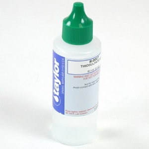 The Taylor Thiosulfate N/10 Dropper Bottle, 2 oz with a green cap and blue and white label (R-0007-C-12), is essential for pool maintenance. This product reliably tests water chemistry to keep your pool in optimal condition.