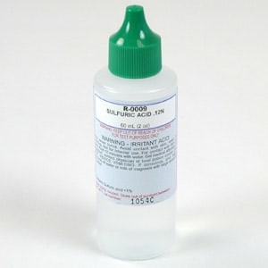 The Taylor Sulfuric Acid .12N Dropper Bottle (R-0009-C-12) is a 2 oz plastic bottle with a green cap, labeled for use as a sulfuric acid reagent in pH-reducing applications. Comes in packs of 12.