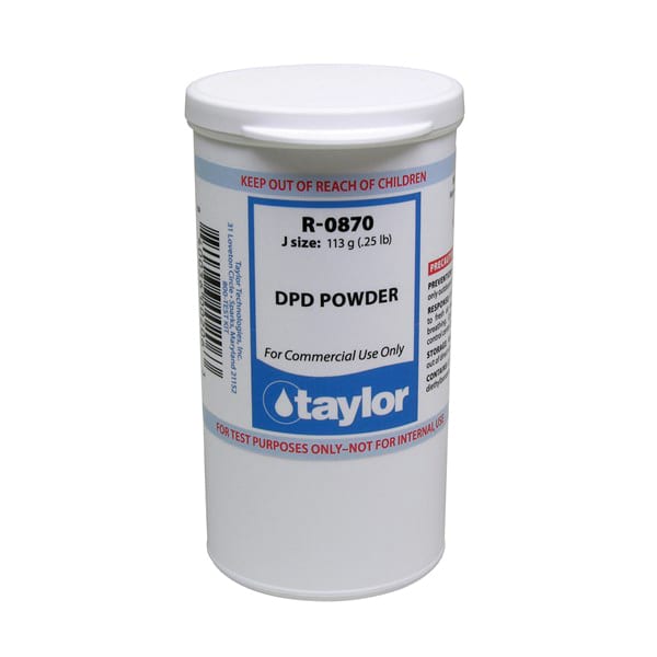 The Taylor DPD Powder Reagent, R-0870-J, weighing 0.25 lb, is vital for commercial use. It comes with safety warnings to keep out of children's reach and not for internal use, ensuring safe handling during testing seasons.