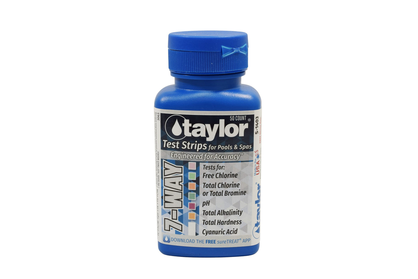 Taylor 7-Way Test Strips for Free Chlorine, Total Chlorine/Bromine, pH, Alkalinity, Hardness, CYA w/ Mobile App, 50/Bottle | S-1403-12