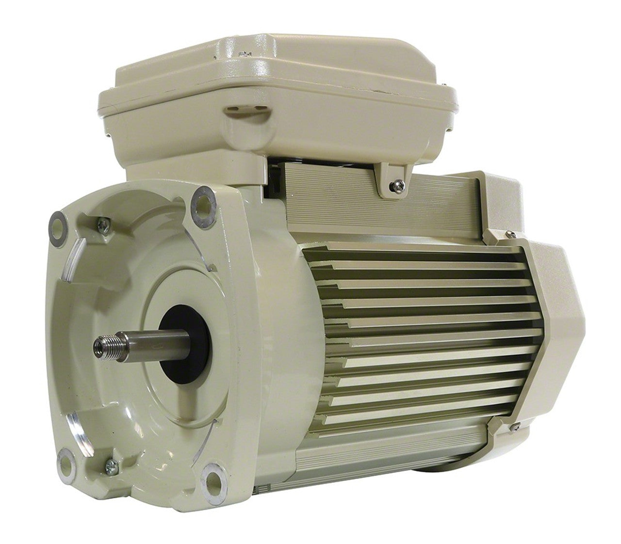 The Pentair WhisperFlo Motor 3HP 3-Phase (354811S) features a cylindrical beige body with cooling fins, a protruding shaft, and a top rectangular enclosure. Perfect for pool pump applications, it combines efficiency and reliability at 208-230-460V, 60Hz.