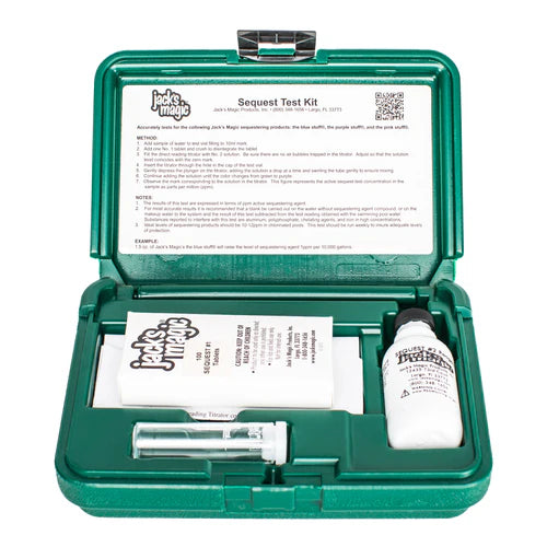 The Jack's Magic Sequest Test Kit | TK044 in a green plastic box is ideal for pool water maintenance, containing a white bottle, test tube, and instruction card. Text includes "Jack's Magic," making it perfect for reliable stain removals.