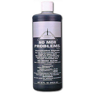 United Chemical's No Mor Problems, 1 gal (NMP-4GAL), is a preventative algaecide designed to treat pool water and prevent algae growth, featuring detailed usage instructions and safety warnings on the label.