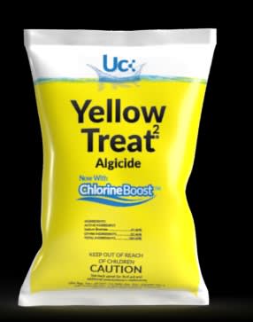 United Chemical Yellow Treat, 2 lb | YT2-C12 packaging includes a caution label and child safety warning. With added Chlorine Boost, it effectively removes stubborn mustard algae while maintaining optimal chlorine levels for an algae-free pool.