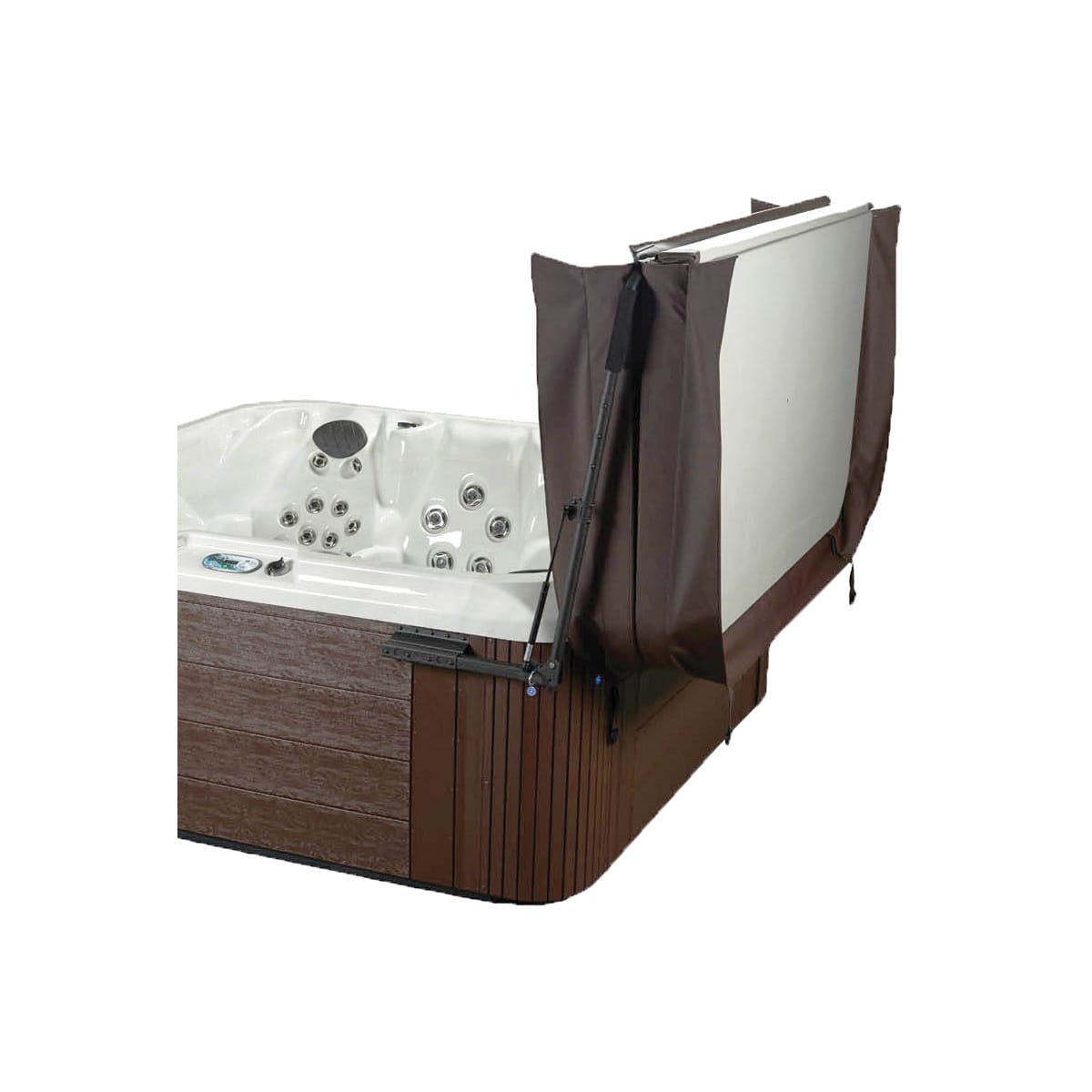 The Ultralift Hydraulic Hot Tub Spa Cover Lift (LIFT-HM) by Pool Goods features wood-paneling and a gas spring for the smooth opening of the cover, exposing jets and controls.
