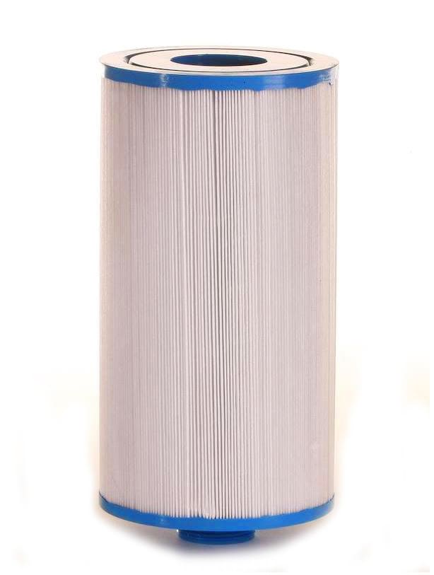 Upright on a white background, the Unicel 5CH-45 Replacement Filter Cartridge for Freeflow Spas Legend features pleated white fabric, blue end caps, and enhanced filtering capability.
